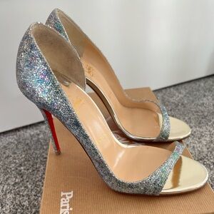 Christian Louboutin Tobaggan 100 Glitter Sparkling Silver Heels with Red Sole